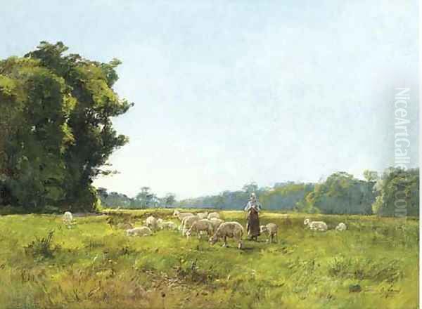 A shepherdess with her flock in a summer meadow Oil Painting by Fauvel