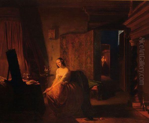 Lady In Front Of A Mirror By The
 Light Of A Fire-place, In The Background A Maid Holding A Candle Oil Painting by Hubertus, Huib Van Hove