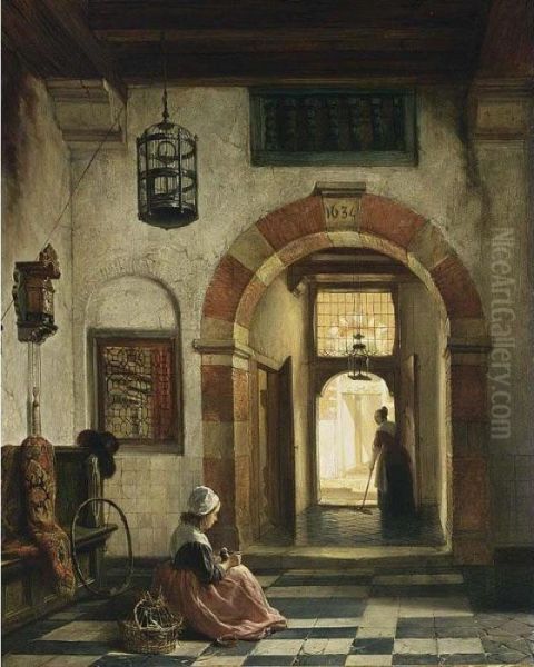 Interior With A Maid Feeding A Pigeon Oil Painting by Hubertus, Huib Van Hove