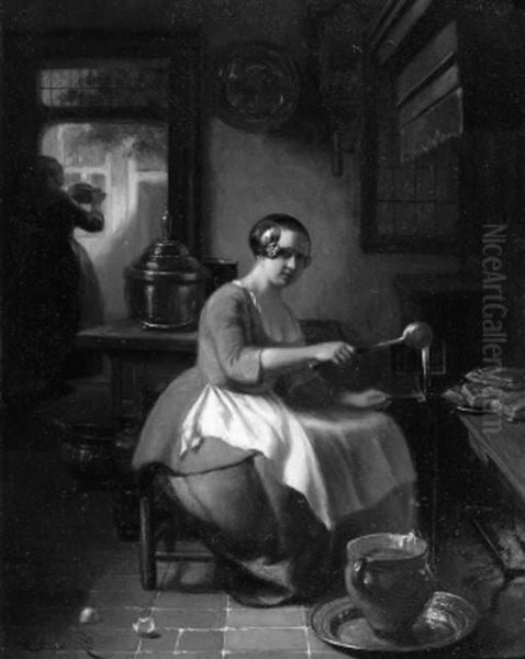 A Kitchen Maid Baking Waffles Oil Painting by Hubertus, Huib Van Hove