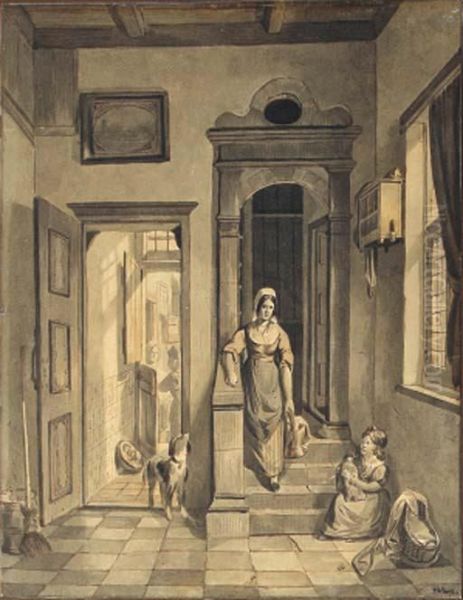 A Mother And Child In The Hallway Of A House, A Dog Nearby Oil Painting by Hubertus, Huib Van Hove