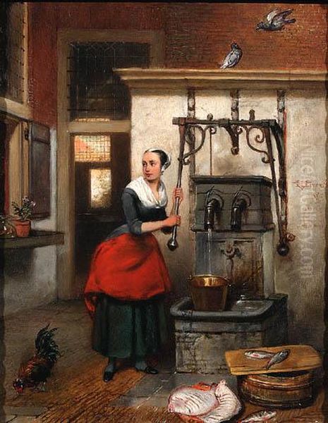 A Maid In A Courtyard Tapping Water From A Well Oil Painting by Hubertus, Huib Van Hove