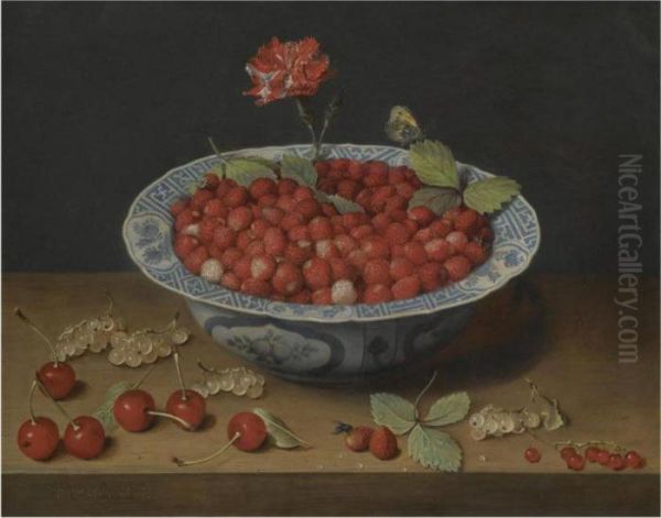 A Still Life Of Wild 
Strawberries And A Carnation In A Ming Bowl, With Cherries And 
Redcurrants On A Wooden Ledge Oil Painting by Jacob van Hulsdonck