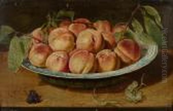 Still Life With Peaches In A Blue And White Porcelain Bowl On Atable. Oil Painting by Jacob van Hulsdonck