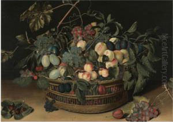 Still Life With Peaches, 
Apricots, Plums, Greengages And Grapes Ina Wicker Basket On A Wooden 
Tabletop Oil Painting by Jacob van Hulsdonck