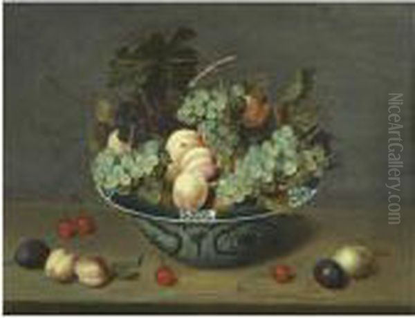 Still Life With Peaches And 
White And Red Grapes In A Chinese Wan-li Porcelain Bowl On A Ledge With 
Plums, Cherries And Apricots Oil Painting by Jacob van Hulsdonck