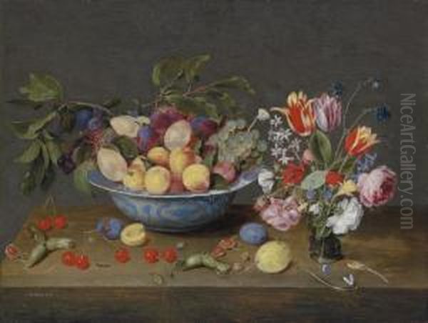 Apricots, Plums And Grapes In A Bowl And Strewn On A Ledge, With A Vase Of Flowers Oil Painting by Jacob van Hulsdonck