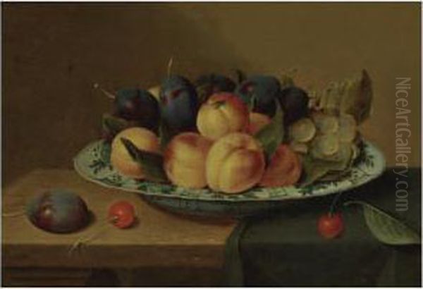 A Still Life Of Apricots And 
Plums In A Wan-li Porcelain Bowl Together With Cherries, All On A 
Table-top Partly Draped With A Green Cloth Oil Painting by Jacob van Hulsdonck