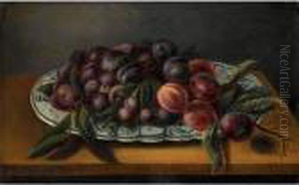 Still Life With Plums In A Porcelain Bowl On A Wooden Table Oil Painting by Jacob van Hulsdonck