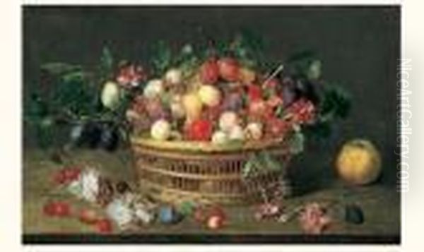 Nature Morte De Prunes, 
Quetsches Et Abricots Dans Un Panier D'osier Pose Sur Un Entablement 
Pres De Cerises, Roses Et OEillets Oil Painting by Jacob van Hulsdonck