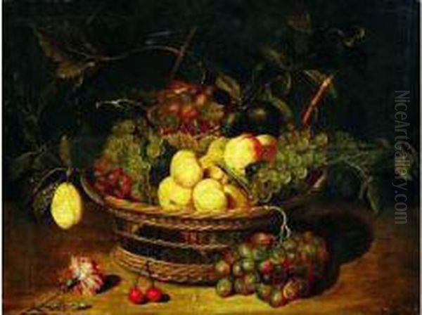 Nature Morte Au Panier De Fruits Sur Un Entablement Oil Painting by Jacob van Hulsdonck