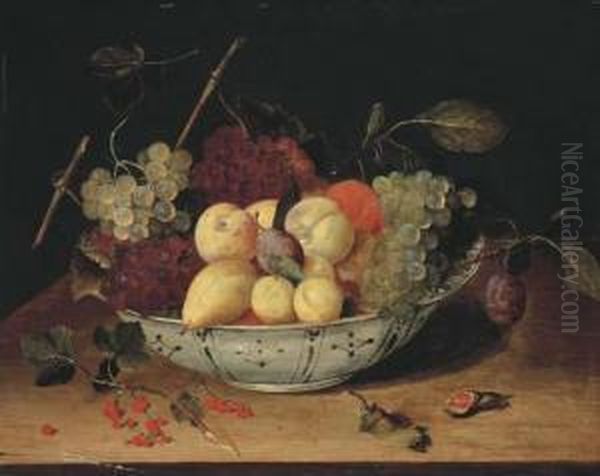 Raisins Et Prunes Dans Un Plat En Delft Sur Un Entablement Enbois Oil Painting by Jacob van Hulsdonck