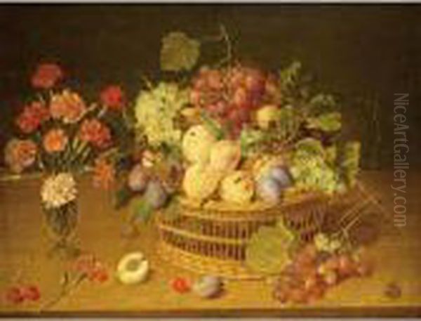 A Still Life Of Fruit In A Basket And Flowers In A Vase Oil Painting by Jacob van Hulsdonck