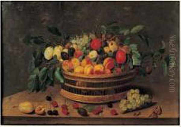 Nature Morte Au Panier D'abricots, Prunes Et Raisins Sur Un
 Entablement Oil Painting by Jacob van Hulsdonck