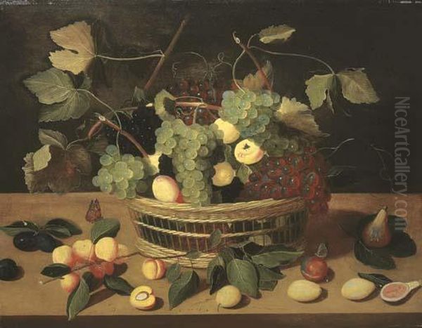 Un Panier De Raisins Et 
D'abricots, Des Branches D'abricotier, Des Prunes Et Des Figues Sur Un 
Rebord En Bois Oil Painting by Jacob van Hulsdonck