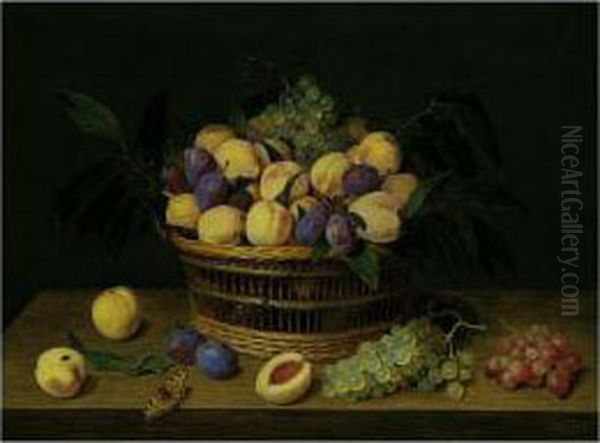 A Still Life Of Plums, Peaches 
And Grapes In A Basket, On A Table, With A Tortoise-shell Butterfly Oil Painting by Jacob van Hulsdonck