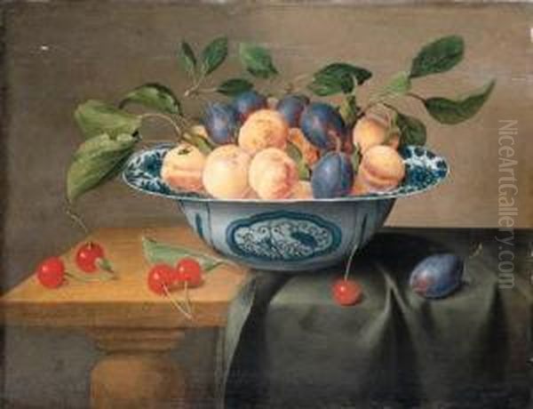 Plums And Nectarines In A Porcelain Bowl With Cherries On A Partlydraped Table Oil Painting by Jacob van Hulsdonck