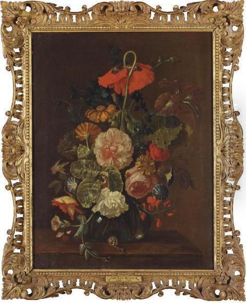 Marigolds, Peonies, Sweetpeas, 
Thistle, A Rose, An Iris And Other Flowers In A Glass Vase On A Ledge 
With A Snail Oil Painting by Justus van Huysum