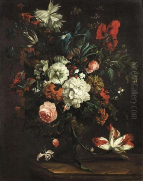 Still Life Of Roses, Peonies, 
Morning Glory And Other Flowers In A Sculpted Urn On A Stone Ledge Oil Painting by Justus van Huysum