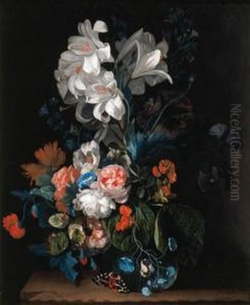 Lilies, Roses, Carnations And 
Other Flowers In A Glass Vase On Astone Ledge With A Butterfly Oil Painting by Justus van Huysum