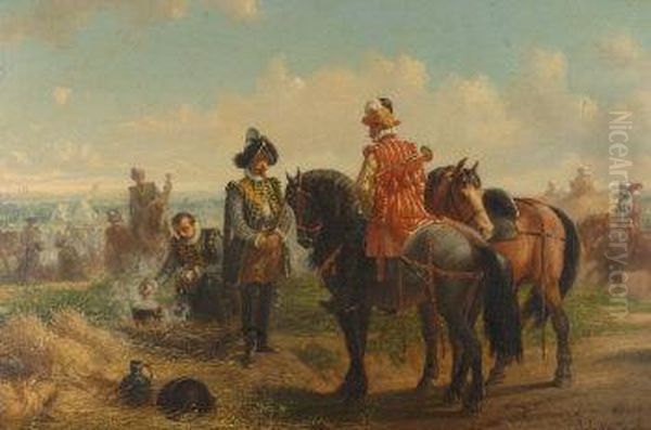 Continental Cavalry Officers On The Edge Of A Military Encampment Oil Painting by Jules Van Imschoot