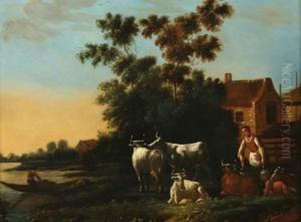 Farmhouse Near Ariver, In The Foreground A Farmer's Wife Milking The Cows Oil Painting by Ferdinand van Kessel