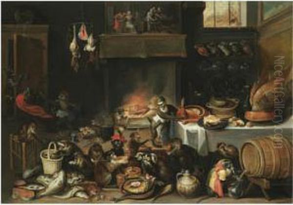 Apes Celebrating In The Kitchen Oil Painting by Ferdinand van Kessel