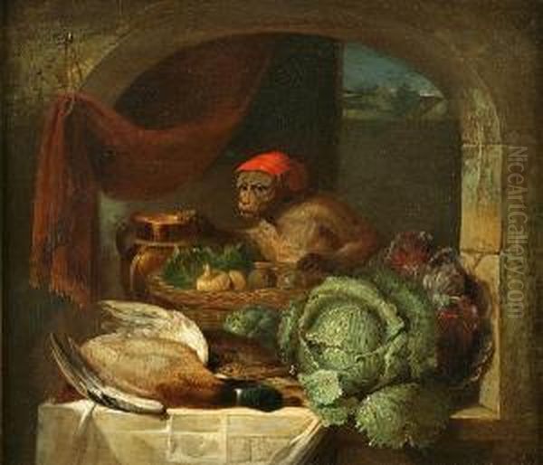 Still Life With Monkey Oil Painting by Ferdinand van Kessel