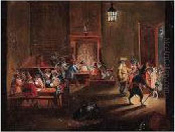 A Singerie - A Cat Brought Before His Monkey Captors In A Guardroom Interior Oil Painting by Ferdinand van Kessel