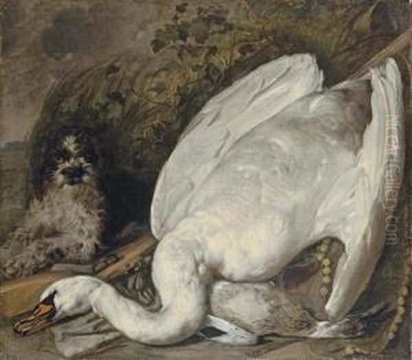 A Hunting Still Life With A Swan, A Duck And A Dog, Withinstruments Of The Chase Oil Painting by Jan van Kessel