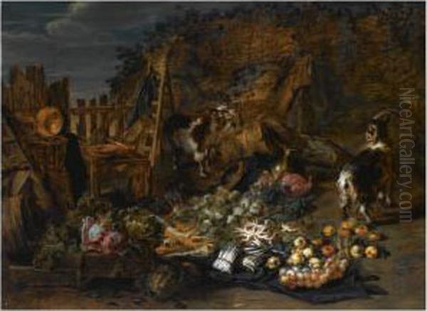 A Still Life Of Cabbages, 
Carrots, Asparagus, Onions, Pears And Apples Outside A Ruined Barn, 
Together With Two Goats And Three Rabbits Oil Painting by Jan van Kessel