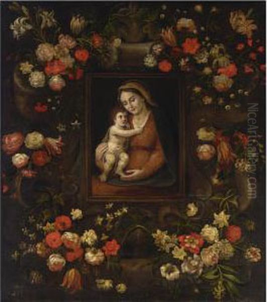 The Madonna And Child Placed In A
 Stone Ornament Surrounded By Tulips, Roses, Daffodils, Lilies And Other
 Flowers Oil Painting by Jan van Kessel