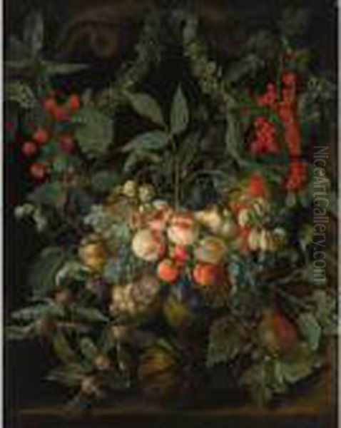 A Still Life With A Garland Of 
Peaches, Pears, Melons, Plums, Apricots, Grapes, Apples, Berries And 
Cherries, Together With Ivy And Gooseberries, All In A Stone Niche Oil Painting by Jan van Kessel