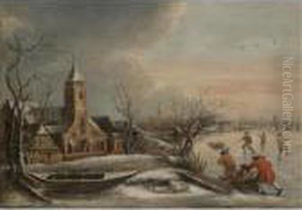 A Winter Scene With Figures Skating A Church In The Distance Oil Painting by Jan van Kessel