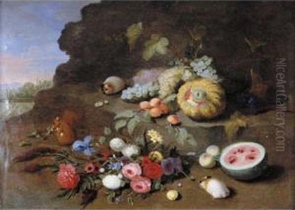 A Still Life With A Posy Of 
Flowers, A Squirrel, Guinea Pigs, Grapes, A Melon And A Watermelon Oil Painting by Jan van Kessel