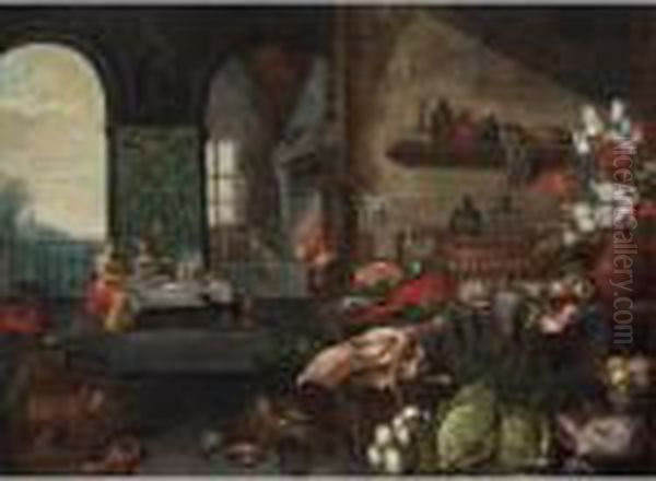 A Kitchen Still Life With A Ham 
And Herring On Silver Plates, A Sugar Jar, A Lobster, Bread, Pheasants, 
Apples, Flowers In A Vase, And Two Glass Bottles In A Silver-gilt Bow, 
All On A Table, Together With A Peacock, A Bunch Of Turnip-rooted 
Seller Oil Painting by Jan van Kessel