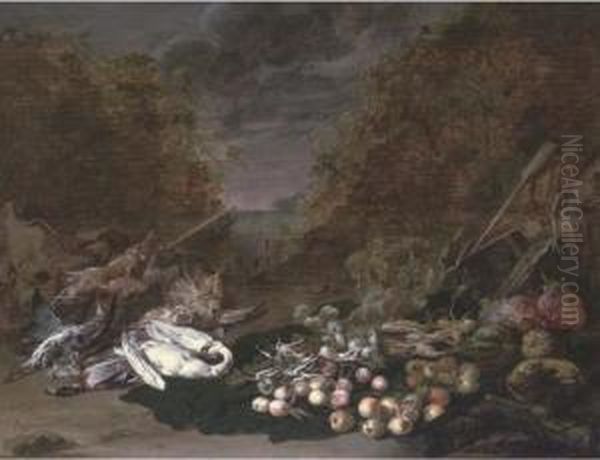 A Swan, A Mallard, A Bittern, Rabbits And Fruits And Vegetables, A Landscape Beyond by Jan van Kessel