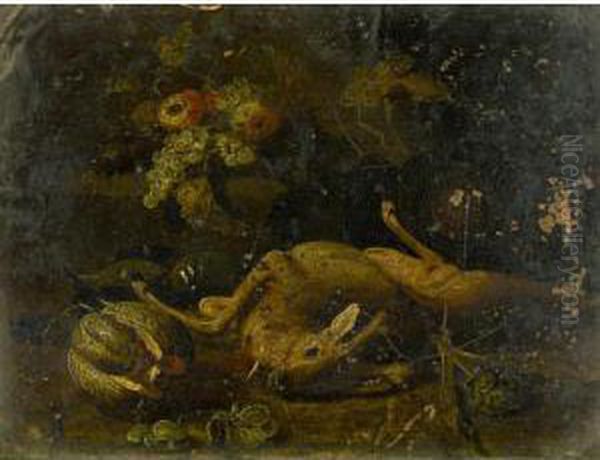 Still Life With A Deer, A Hound,
 An Artichoke, A Melon, Grapes And Other Fruit Together In A Landscape Oil Painting by Jan van Kessel