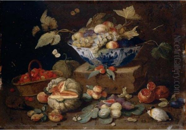 Still Life Of Apples And Grapes 
In A Blue-and-white Porcelain Bowl Together With Pomegranates, Figs, A 
Watermelon, A Basket Of Oil Painting by Jan van Kessel