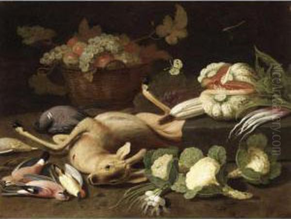 Still Life With A Basket Of 
Fruit, Cauliflowers, A Melon, Leeks, Radishes And Other Vegetables, 
Together With A Deer And Songbirds Oil Painting by Jan van Kessel