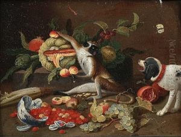 A Monkey With A Melon, An 
Artichoke, Peaches And A Cabbage On A Stone Ledge, An Overturned Bowl 
With Strawberries, Grapes And Celery, A Dog Nearby by Jan van Kessel