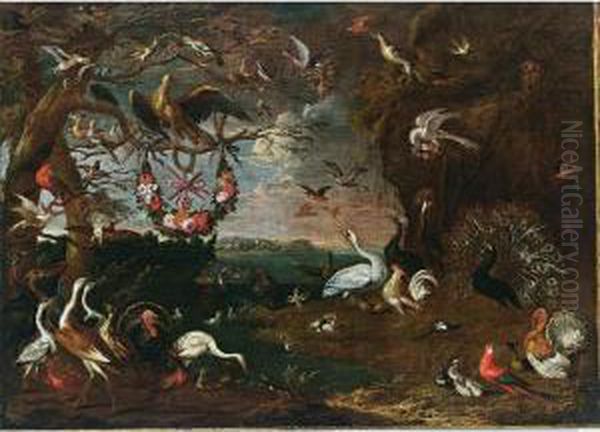 An Allegory Of The Order Of The 
Knights Of Malta With An Eagle, Herons, Turkeys, A Cockatoo, A 
Spoonbill, A Jay, Pheasants, Hoopoes, Pigeons, Ducks, A Lapwing, Owls, A
 Swan, A Peacock, Chickens, Parrots, Cranes And A Macaw, All In A 
Landscape Oil Painting by Jan van Kessel