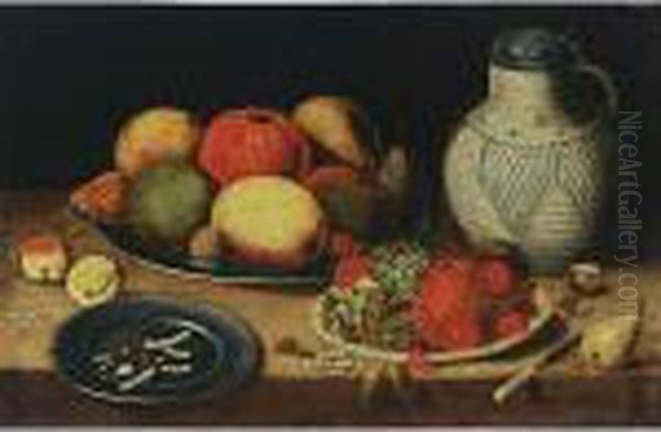 A Still Life With Apples, Pears,
 An Orange, A Walnut, Grapes, Cherries And Hazelnuts, All On Pewter 
Plates, Together With Apricots, A Knife, A Stoneware Jug With Cover, A 
Walnut And A Pear, All On A Ledge Oil Painting by Jan van Kessel