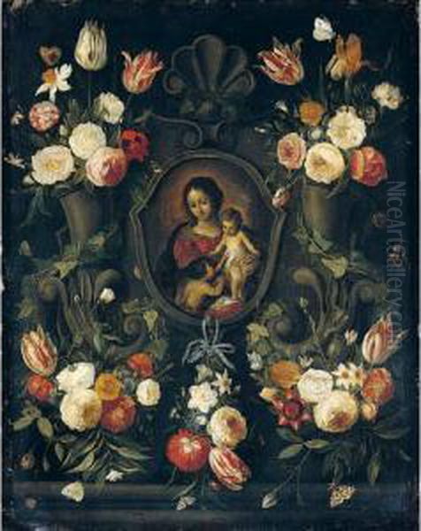 A Stone Cartouche Adorned With 
Flowers And Butterflies, Surrounding An Image Of The Virgin And Child 
With The Infant Saint John The Baptist Oil Painting by Jan van Kessel