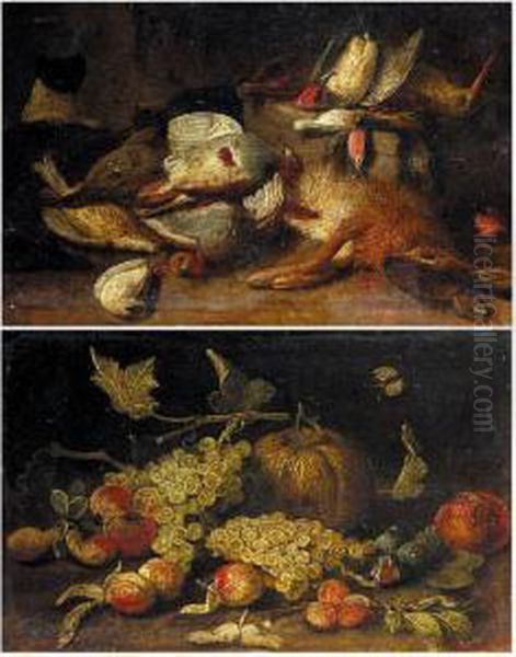 Still Life With A Pumpkin, Figs,
 Grapes, Apricots Together With A Pomegranate; Still Life With 
Partridges, Snipe, Finches And Other Birds Together With A Hare Oil Painting by Jan van Kessel