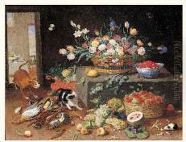 Chien Et Chat Se Disputant Dans Un Garde-manger Oil Painting by Jan van Kessel