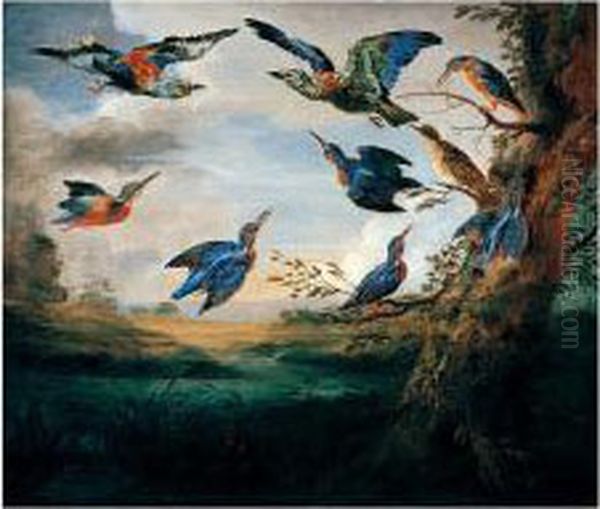 Kingfishers And Rollers In Flight In A River Landscape Oil Painting by Jan van Kessel