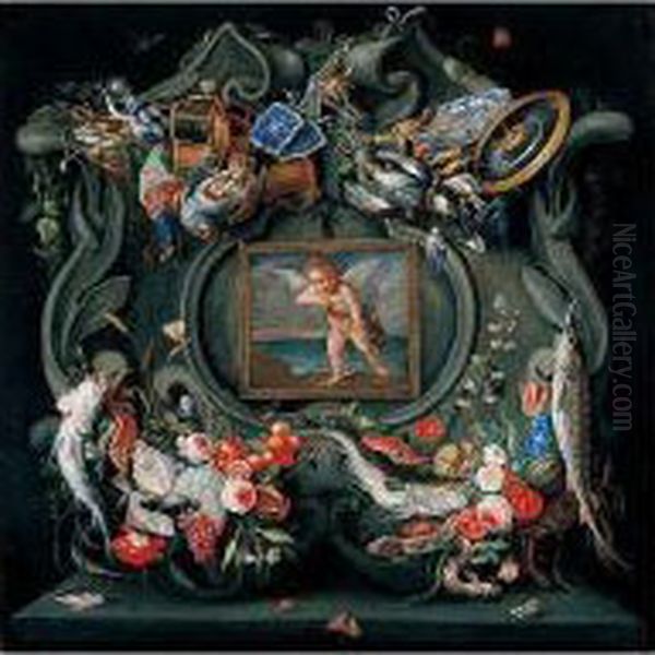 A Cartouche Embellished With 
Fish, Flowers, Fruit, Game, Armour, Hunting Equipment And Other Objects,
 Encircling A Framed Picture Of Cupid Oil Painting by Jan van Kessel