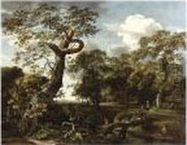 A Wooded River Landscape With Fishermen, A Hunter And Travellers Oil Painting by Jan van Kessel