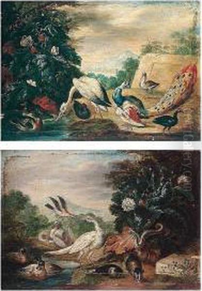 Landscapes With A Peacock, Turkey, Pheasant, Duck, Jay, Guinea Pigs, A Snake And A Heron Oil Painting by Jan van Kessel